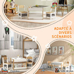 Ensemble 3 pièces table et 2 chaises pour enfant avec plateau réversible tableau noir, panier de rangement, étagères