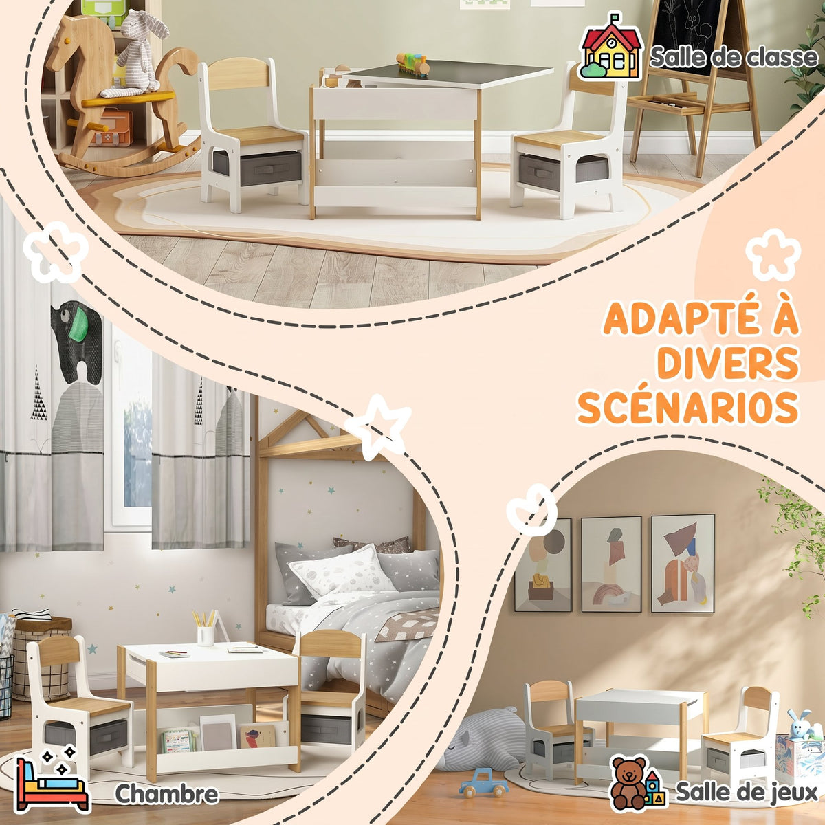 Ensemble 3 pièces table et 2 chaises pour enfant avec plateau réversible tableau noir, panier de rangement, étagères