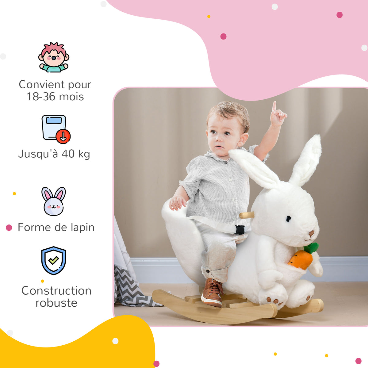 Jouet à bascule modèle lapin fonction musicale selle grand confort peluche courte douce bois peuplier 18-36 mois blanc