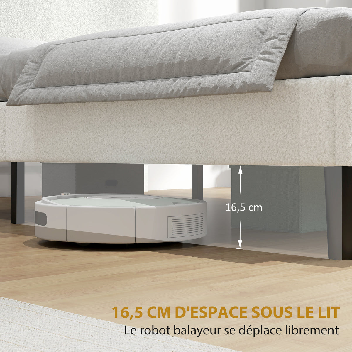 Cadre de Lit 140x190cm avec Sommier, Tête de Lit Réglable, Lit Double Rembourré en Velours Teddy, Lattes en Métal, Blanc