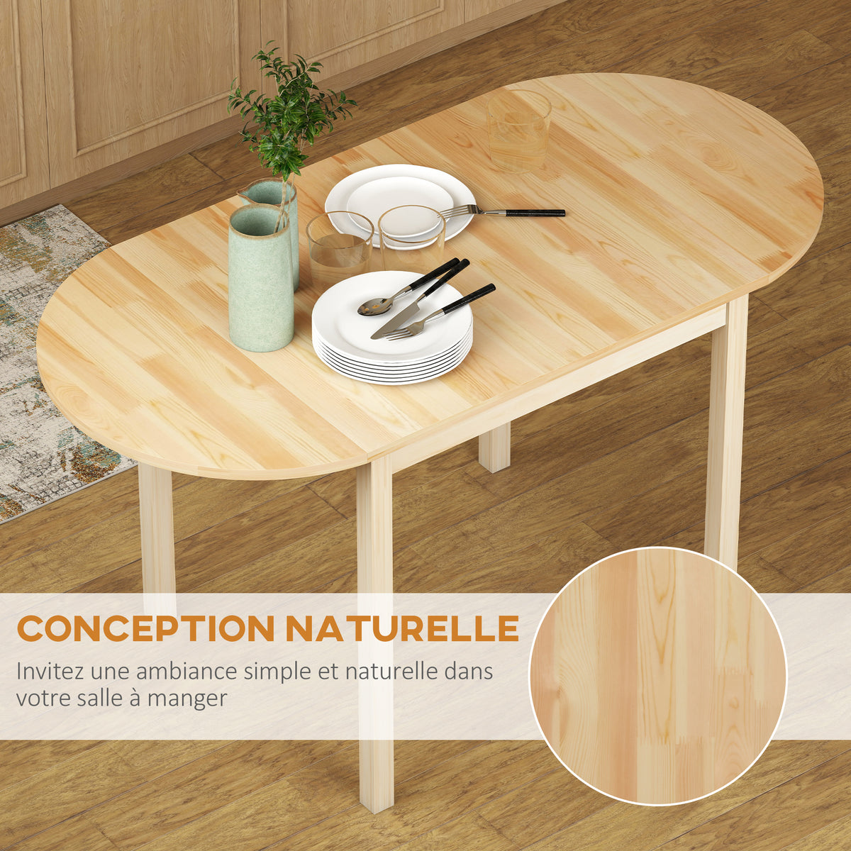 Table de salle à manger pliante ovale en bois massif 2 abattants peu encombrante 140L x 70l x 75H cm