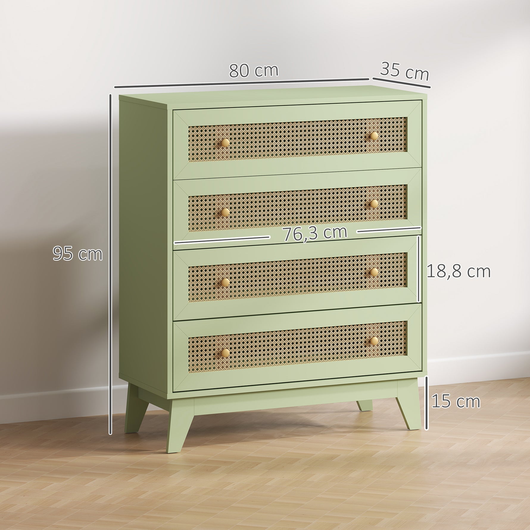 Commode 4 tiroirs meuble de rangement cannage en rotin aspect bois clair 80 x 35 x 95 cm vert