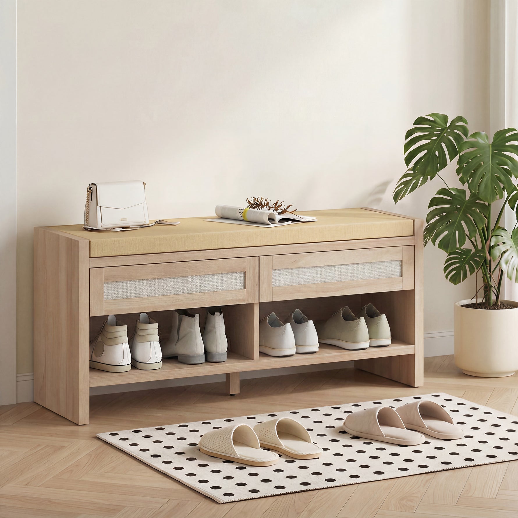 Banc chaussures entrée, banc de rangement, assise rembourrée en lin, 2 tiroirs en rotin et étagère ouverte, chêne