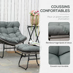 Fauteuil chaise de jardin avec repose-pieds en métal époxy et résine tressée aspect rotin avec coussins
