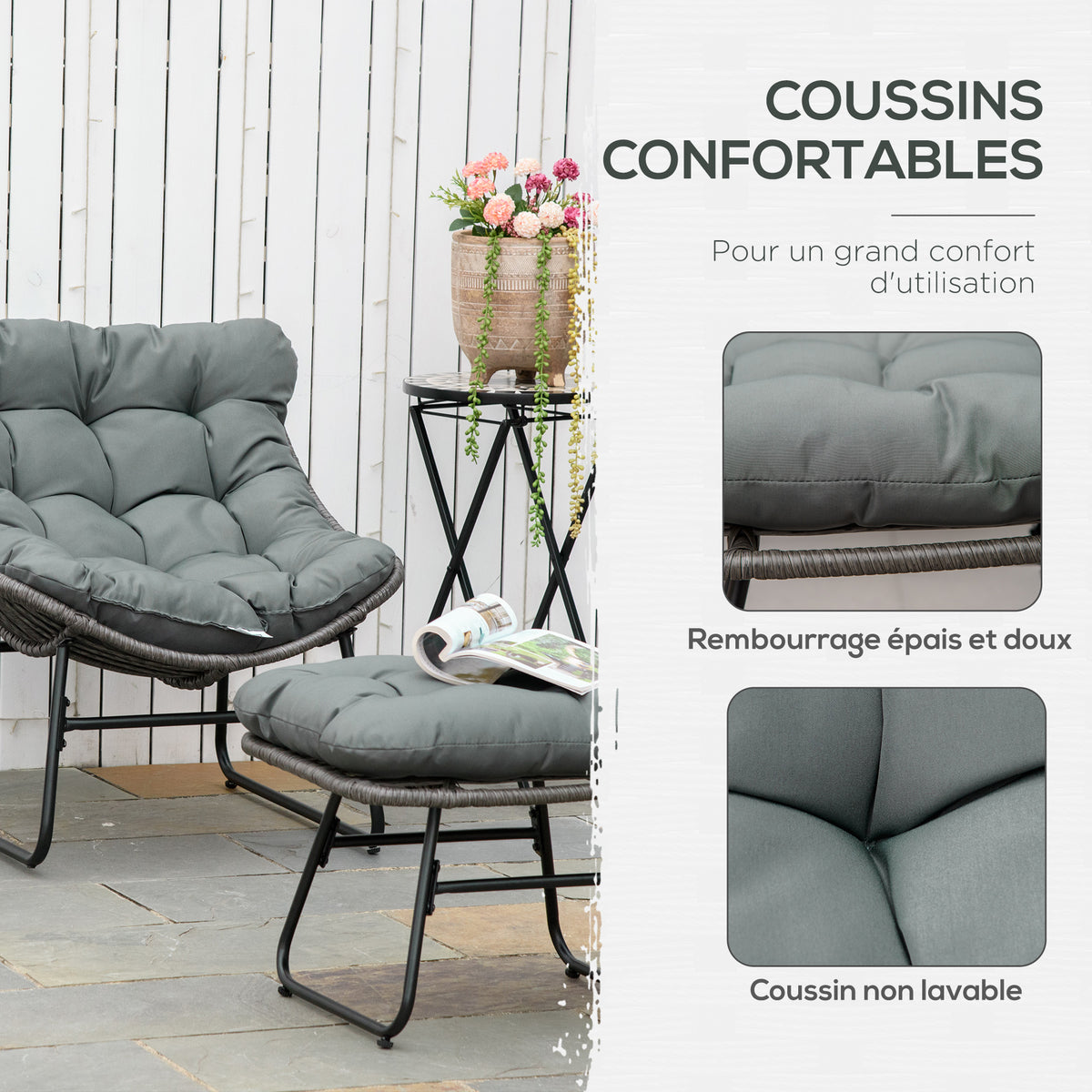 Fauteuil chaise de jardin avec repose-pieds en métal époxy et résine tressée aspect rotin avec coussins