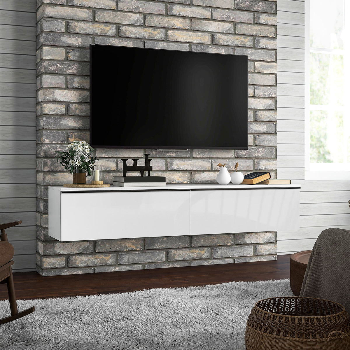 Meuble TV suspendu avec placard, pour téléviseurs jusqu'à 70 pouces, effet brillant, blanc