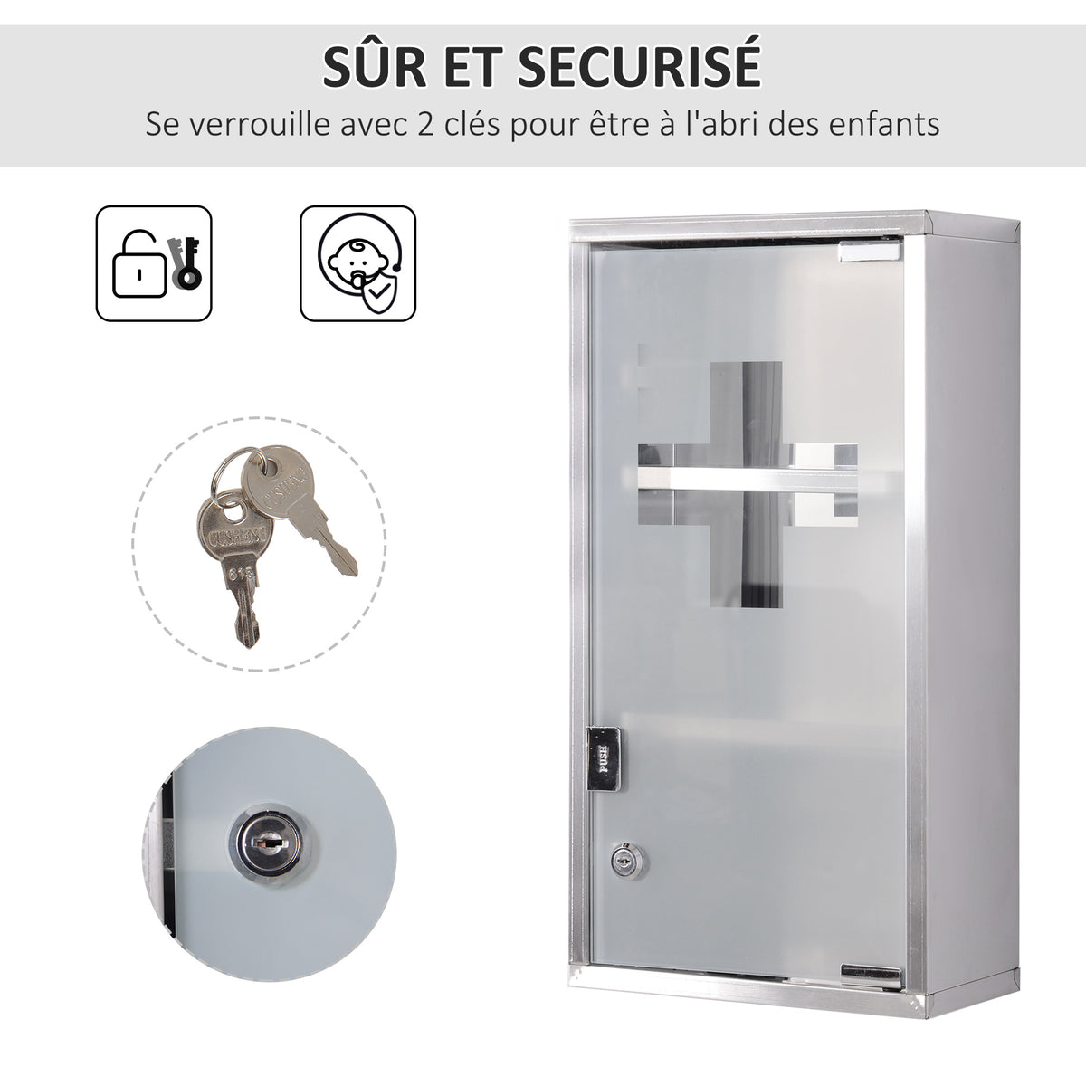 Armoire à Pharmacie 2 étagères 3 Niveaux verrouillable Porte Verre trempé dépoli Logo Croix 25L x 12l x 48H cm Acier INOX
