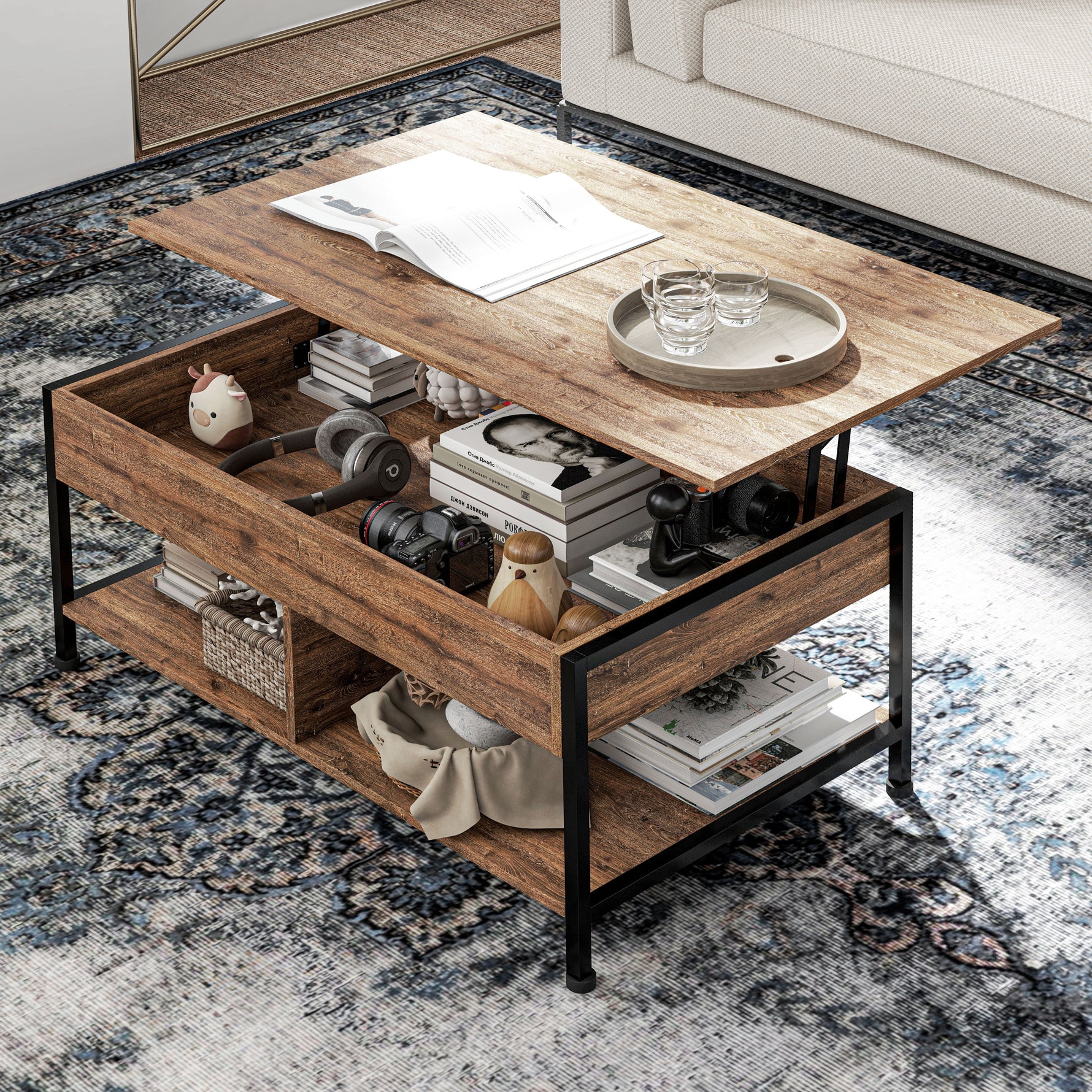 Table basse relevable table de salon compartiment caché 2 étagères inférieures 100 x 80 x 60 cm marron rustique noir