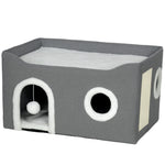 Niche Chat Interieur Pliable avec Griffoir, Lit Surélevé, Entrées, Jouet Suspendu, Coussin Réversible, 60x40x34cm, Gris