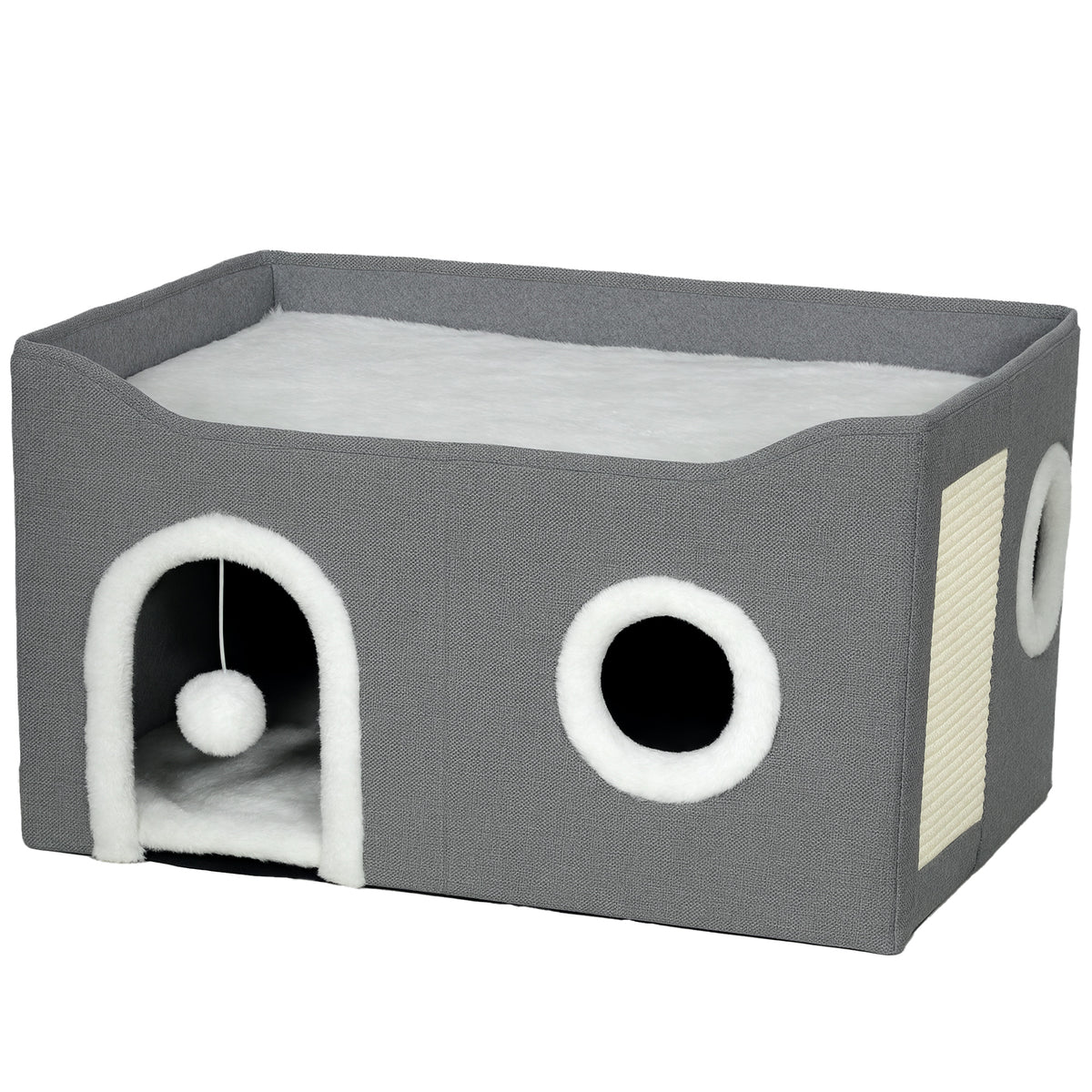 Niche Chat Interieur Pliable avec Griffoir, Lit Surélevé, Entrées, Jouet Suspendu, Coussin Réversible, 60x40x34cm, Gris