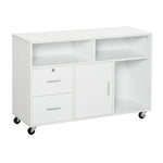Support d'imprimante à 2 tiroirs meuble de rangement sur roulettes étagères ouvertes et placard, 100 x 35 x 65 cm, blanc