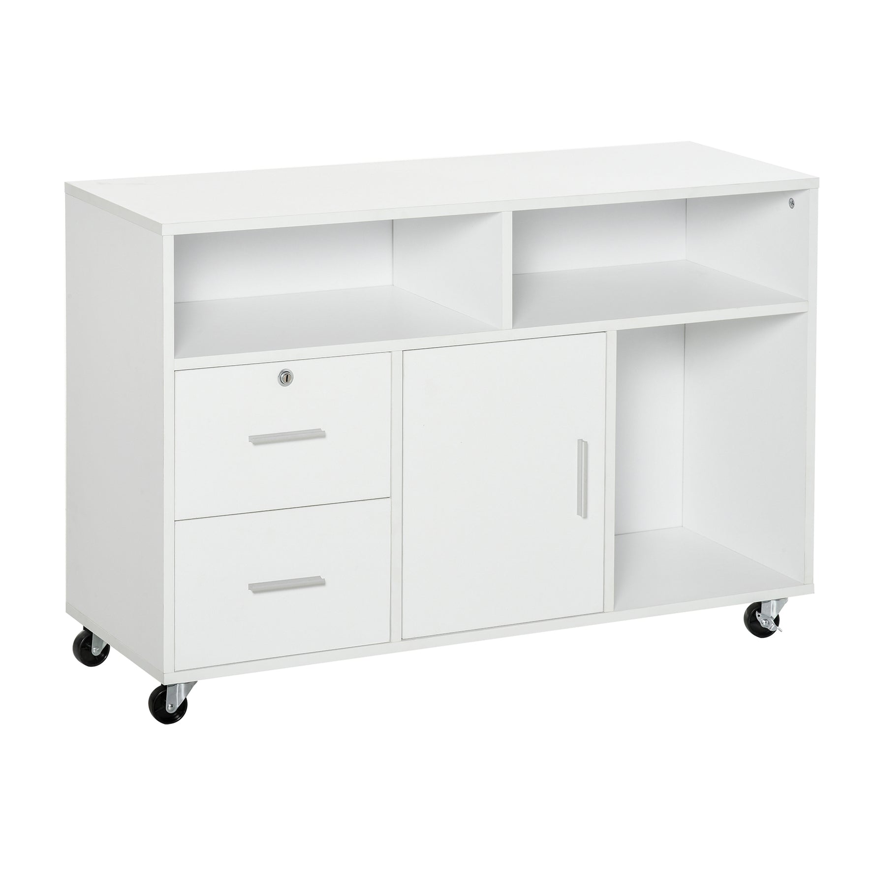 Support d'imprimante à 2 tiroirs meuble de rangement sur roulettes étagères ouvertes et placard, 100 x 35 x 65 cm, blanc