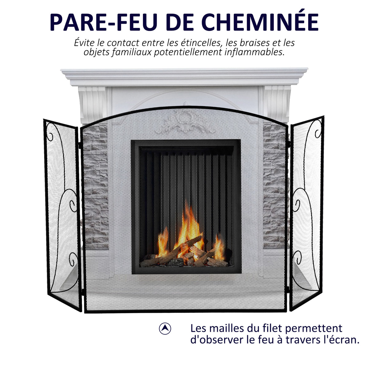 Pare-feu pour cheminée ou poêle design élégant Pare-étincelles 3 Volets Pliables dim. 132,5L x 76,5H cm Acier métal Noir