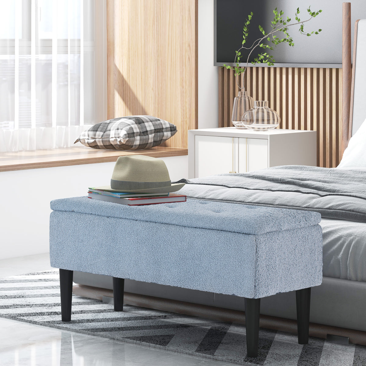 Banc de rangement coffre de rangement revêtement bouclette, pieds en bois de caoutchouc 95 x 38 x 45 cm bleu