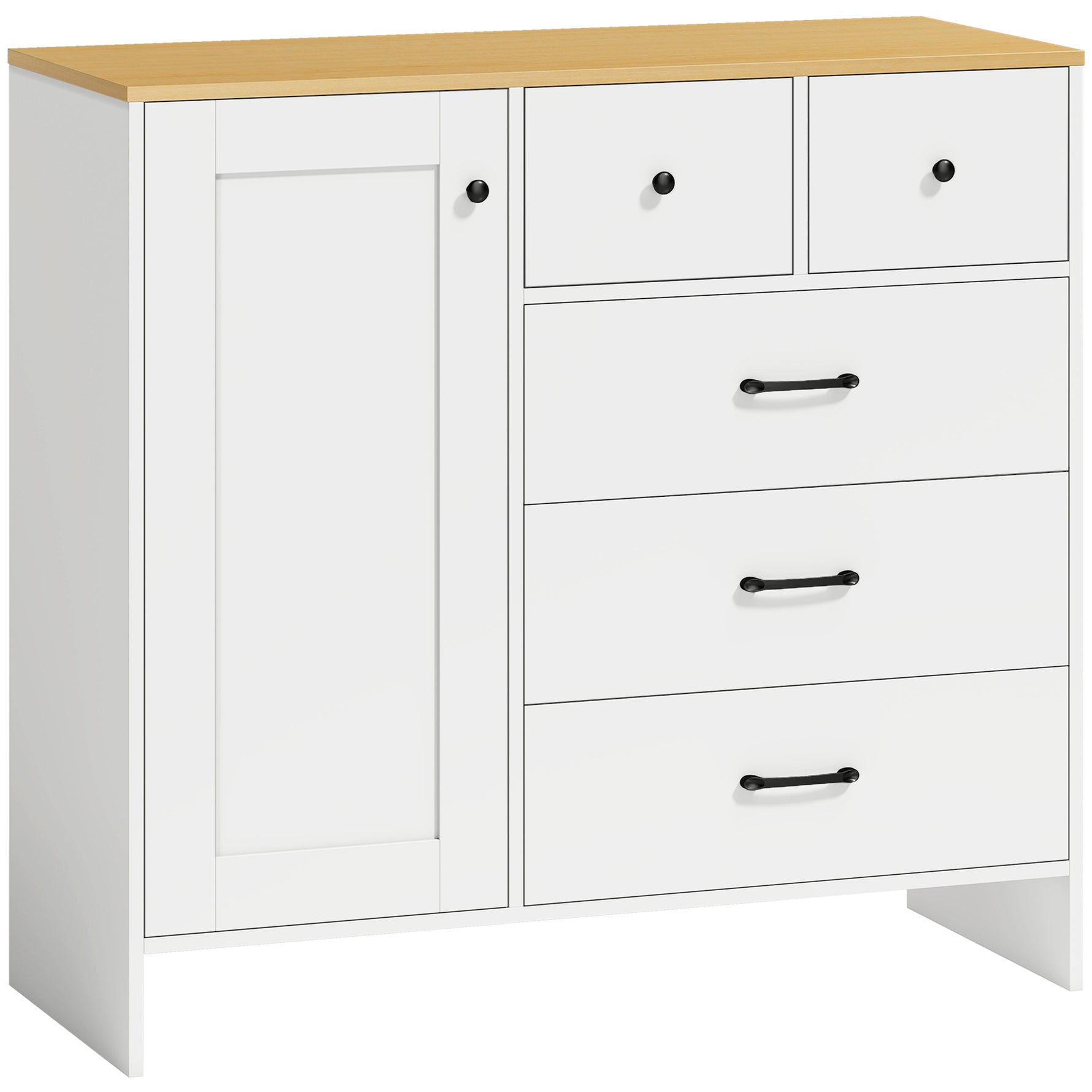 Buffet Cuisine, Meuble de Rangement avec 5 Tiroirs et Porte, Style Rustique, 100 x 40 x 94 cm, Blanc