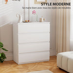 Commode 4 tiroirs, meuble de rangement épuré pour chambre, intérieur, 80 x 39 x 95 cm panneau de particules blanc