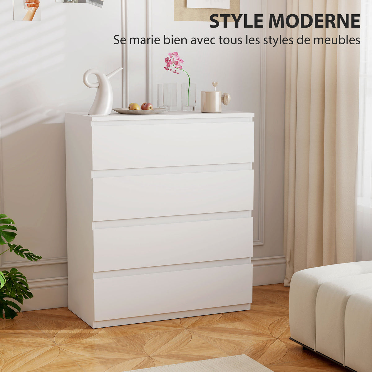 Commode 4 tiroirs, meuble de rangement épuré pour chambre, intérieur, 80 x 39 x 95 cm panneau de particules blanc