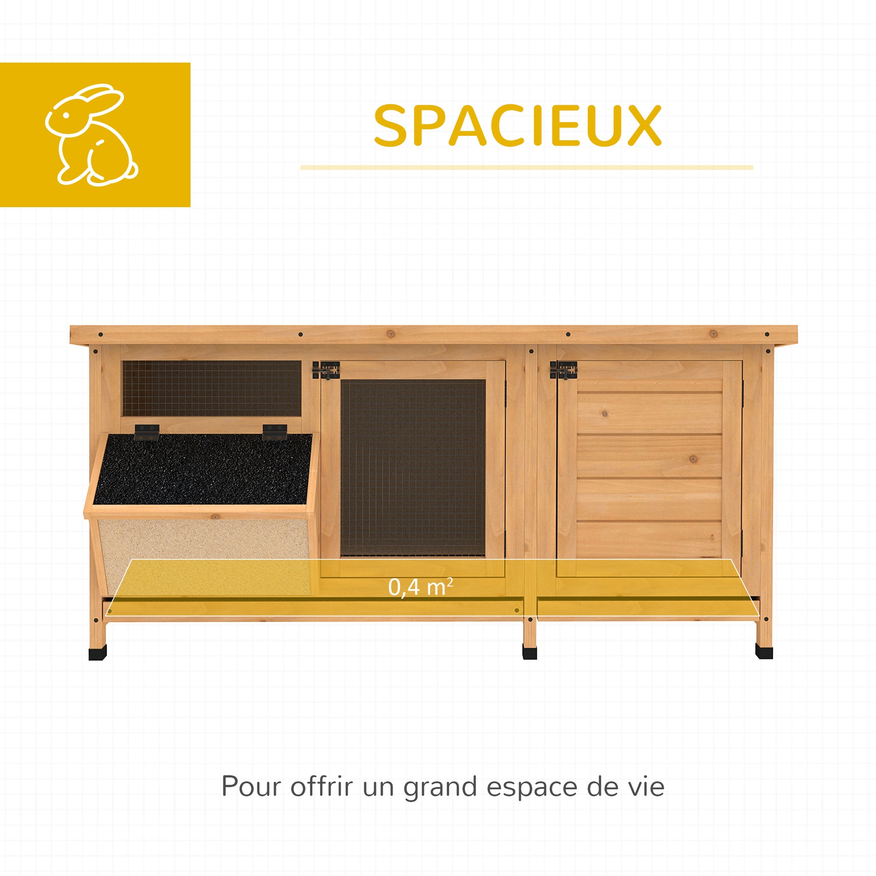 Clapier sur pied cage à lapin avec toit bitumé ouvrant 2 portes verrouillables 2 tiroirs à déjection coulissants mangeoire bois de sapin traité dim. 112L x 50l x 54H cm bois naturel et noir
