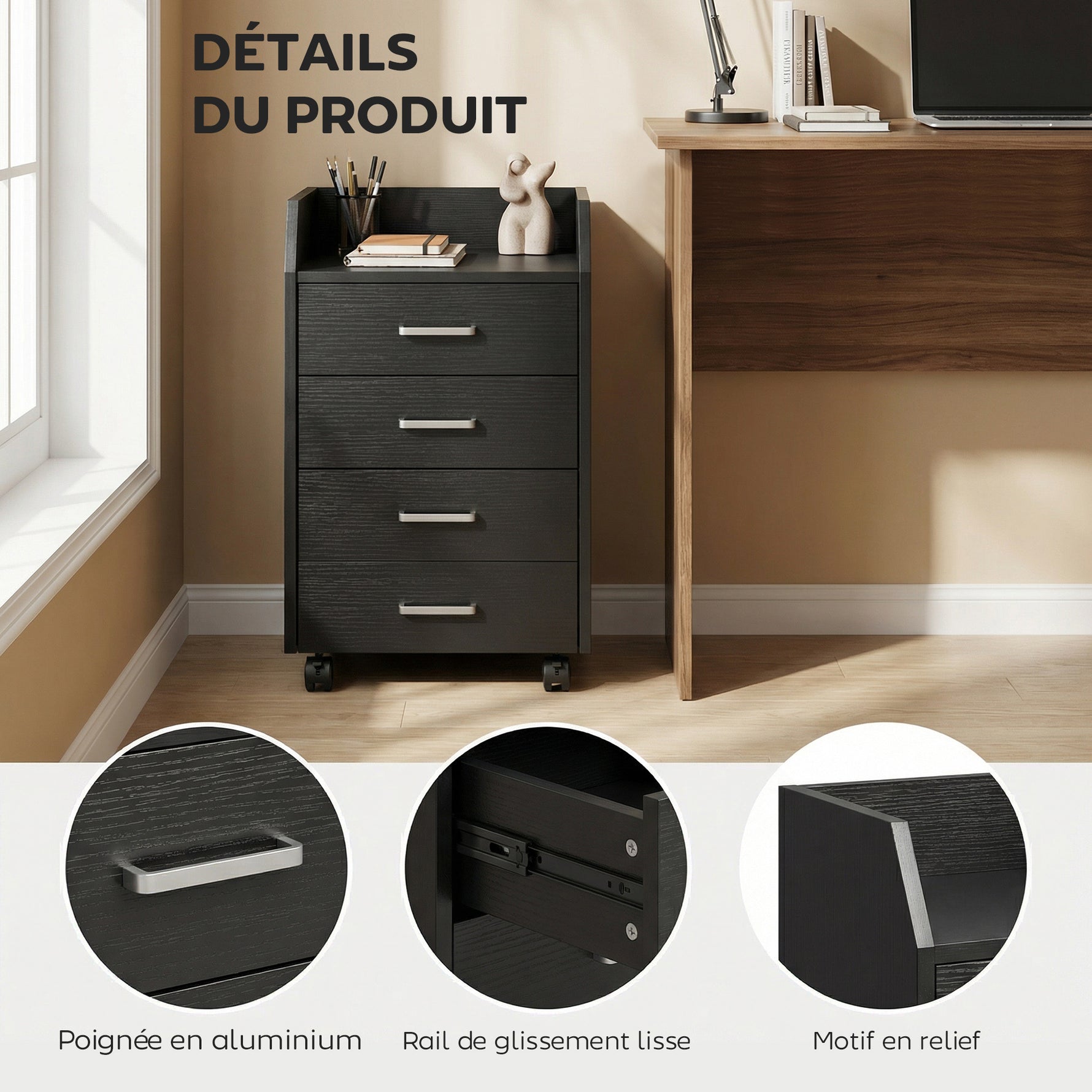 Caisson de bureau rangement sur roulettes 4 tiroirs coulissants en bois  40 x 36 x 65 cm noir