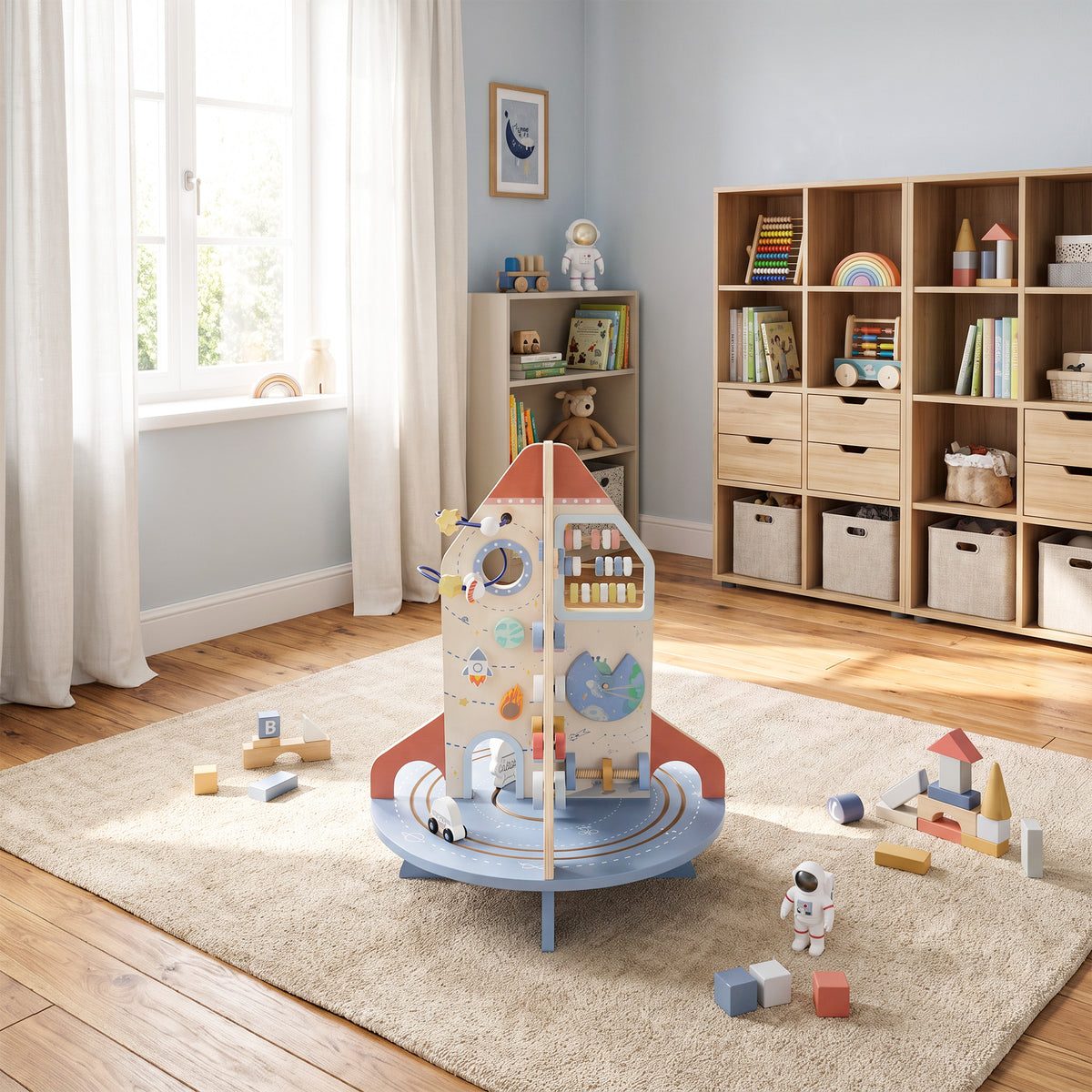 Rocket-Themed Wooden Activity Cube, Educational Cube with Shape Sorter and Bead Maze, for Ages 2 to 6