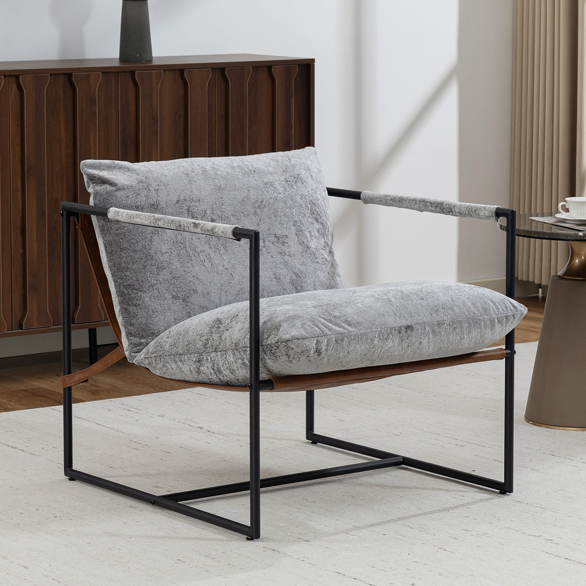 Fauteuil salon, fauteuil d'appoint rembourré en velours imprimé, large assise et structure en acier, 77x91x80cm, gris
