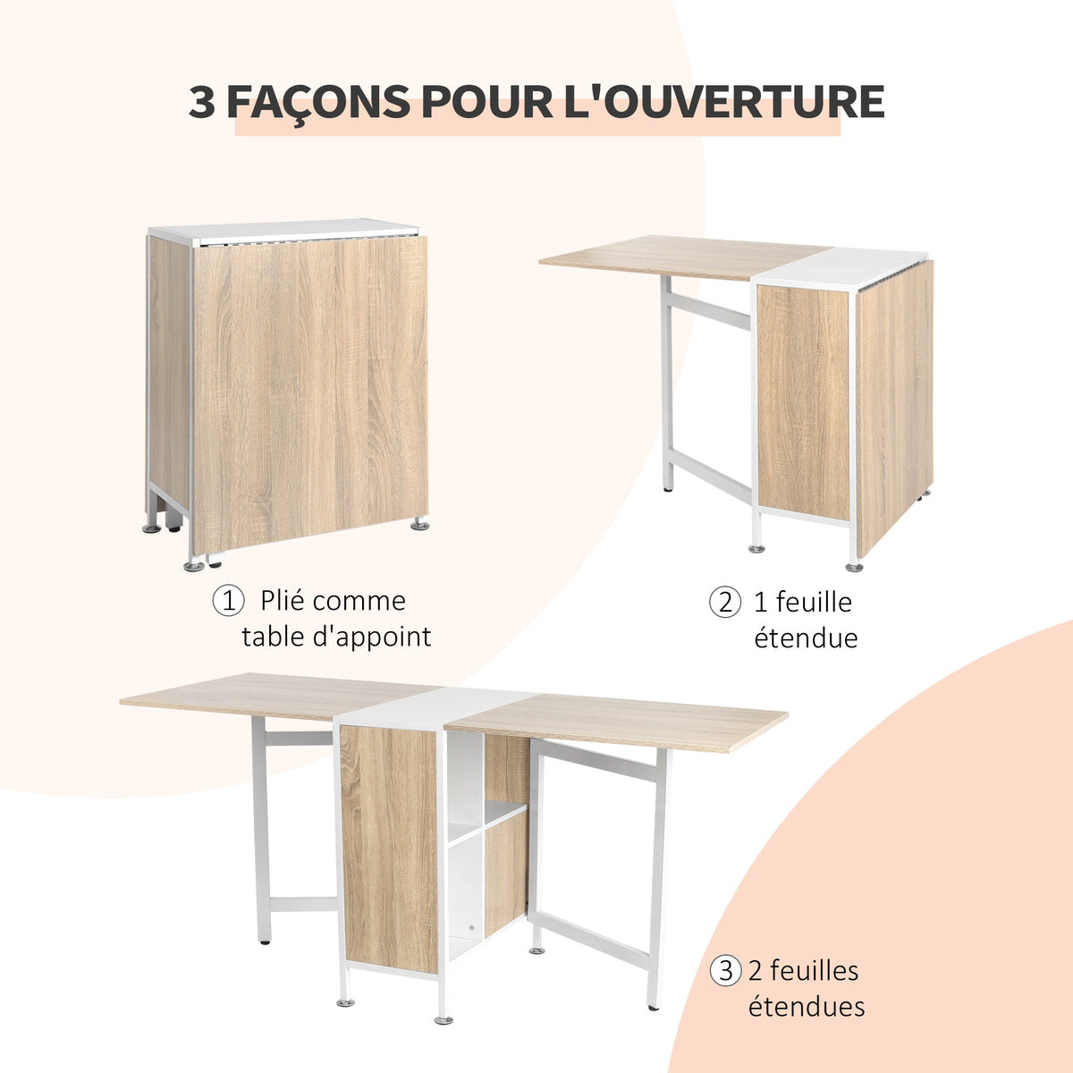 Mesa de cocina plegable para 4 personas, mesa de comedor con 4 nichos integrados para espacios pequeños, dim. desplegada 169L x 62an x 75Al cm, MDF roble claro, acero blanco