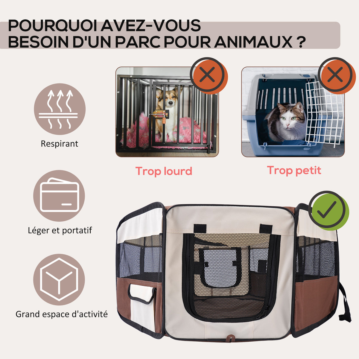 Parc enclos pliable pour chien chat petits animaux octogonal en tissu Oxford et acier Ø 90 x 41H cm marron beige