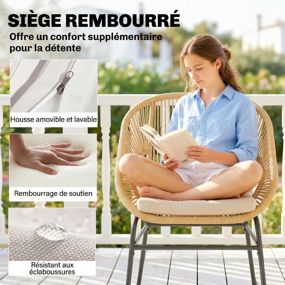 Ensemble Bistro Salon de Balcon 3 Pièces 2 Fauteuils Confortables et Table en Verre Trempé Coussins Déhoussables Beige