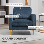 Fauteuil en tissu avec pieds en acier doré, grand confort, pochettes latérales, pour salon, bureau, chambre, bleu