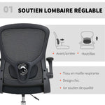 Chaise bureau ergonomique, chaise de dessin, support lombaire 4D, accoudoirs relevables, 60 x 60 x 108-132 cm, noir