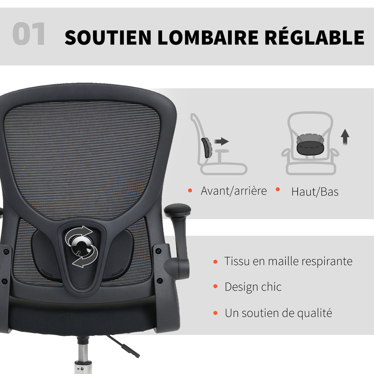 Chaise bureau ergonomique, chaise de dessin, support lombaire 4D, accoudoirs relevables, 60 x 60 x 108-132 cm, noir