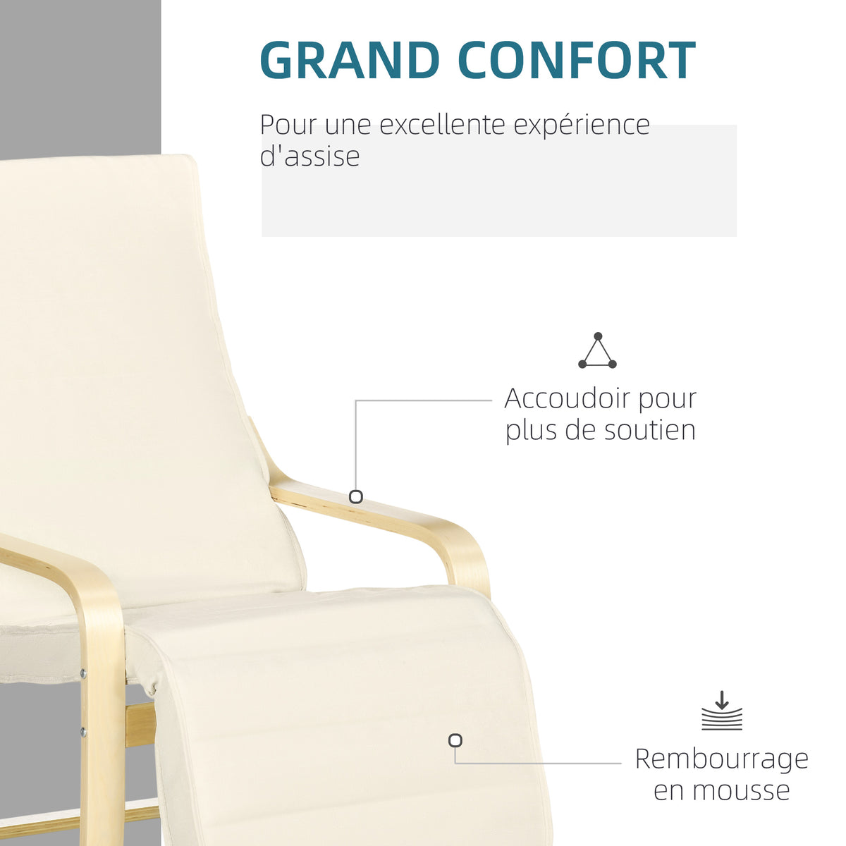 Relaxfauteuil Comfort en Ontspanning met verstelbare, afneembare voetensteun 94 x 66,5 x 100 cm Massief Hout Crème