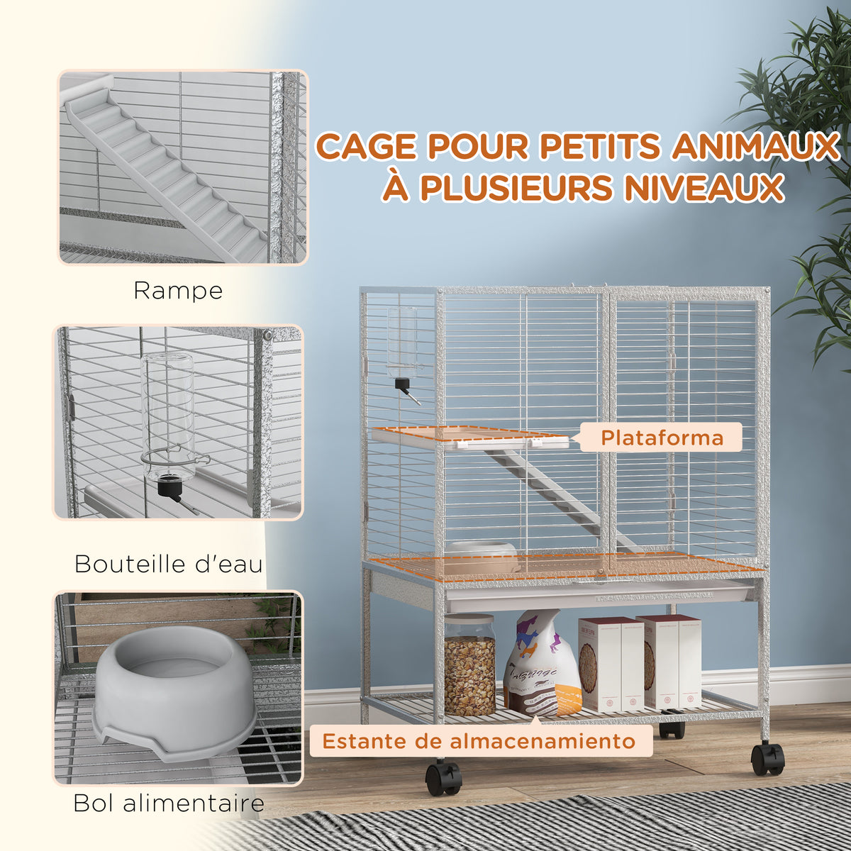 Cage pour petits animaux sur roulettes 2 niveaux avec 2 portes, 1 rampe, 1 étagère de rangement 61,5 x 44,5 x 86 cm gris