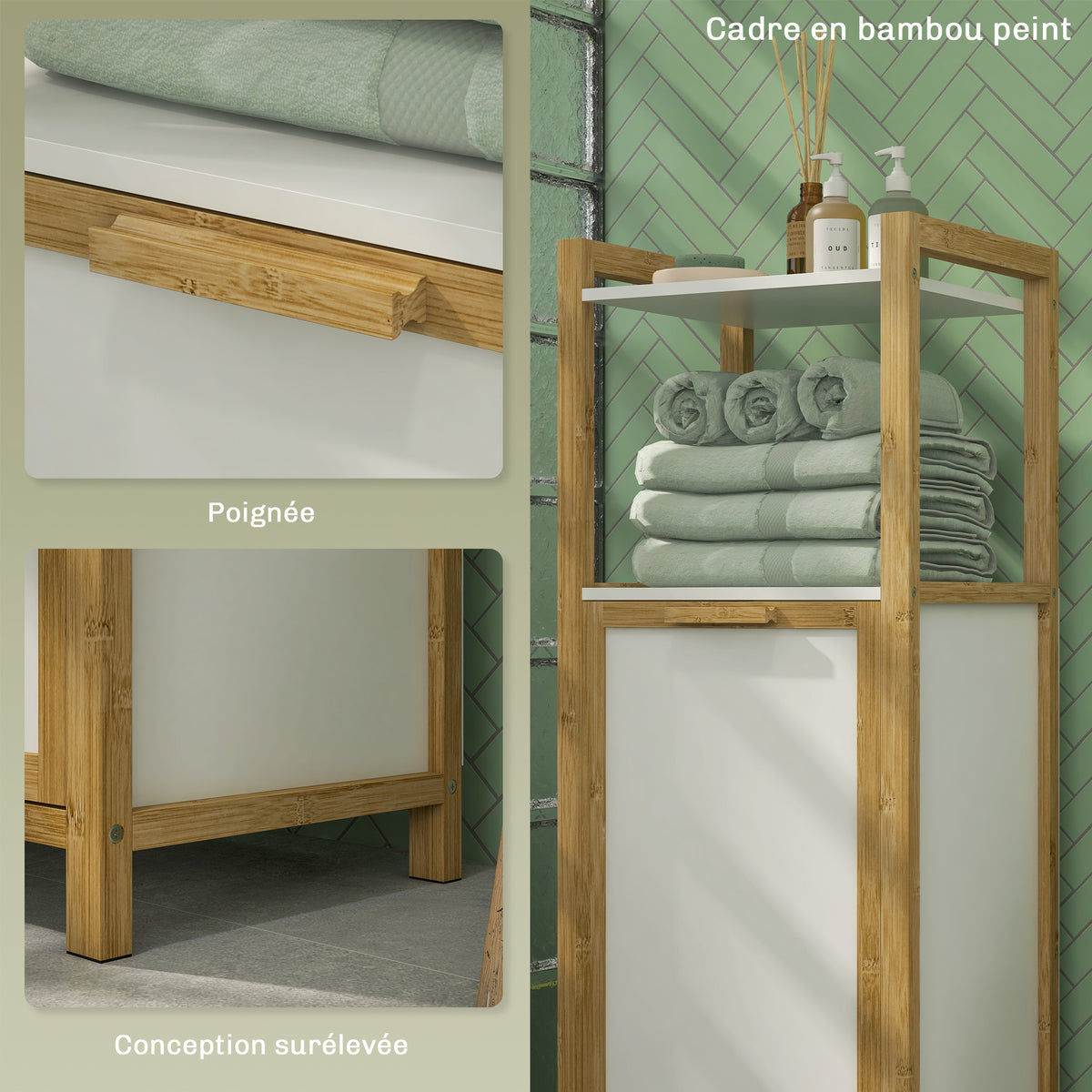 Meuble sur pied en bambou panier à linge salle de bain gain de place - 2 étagères - dim. 40L x 30l x 86,5H cm