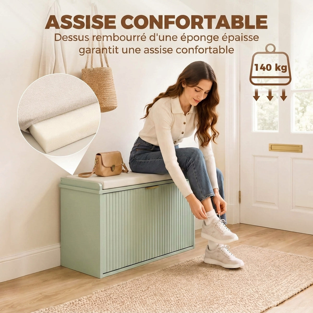 Banc à chaussures avec coussin d'assise rembourré et tiroir rabattable pour couloir, chambre, 62 x 26 x 47,5 cm, vert