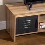 Meuble TV Banc TV 110 cm Design Industriel, avec 2 placards, 2 niches, 2 Passe-Fils, Aspect Bois veinage Portes métal Noir