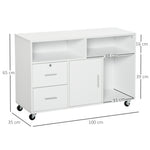 Support d'imprimante à 2 tiroirs meuble de rangement sur roulettes étagères ouvertes et placard, 100 x 35 x 65 cm, blanc