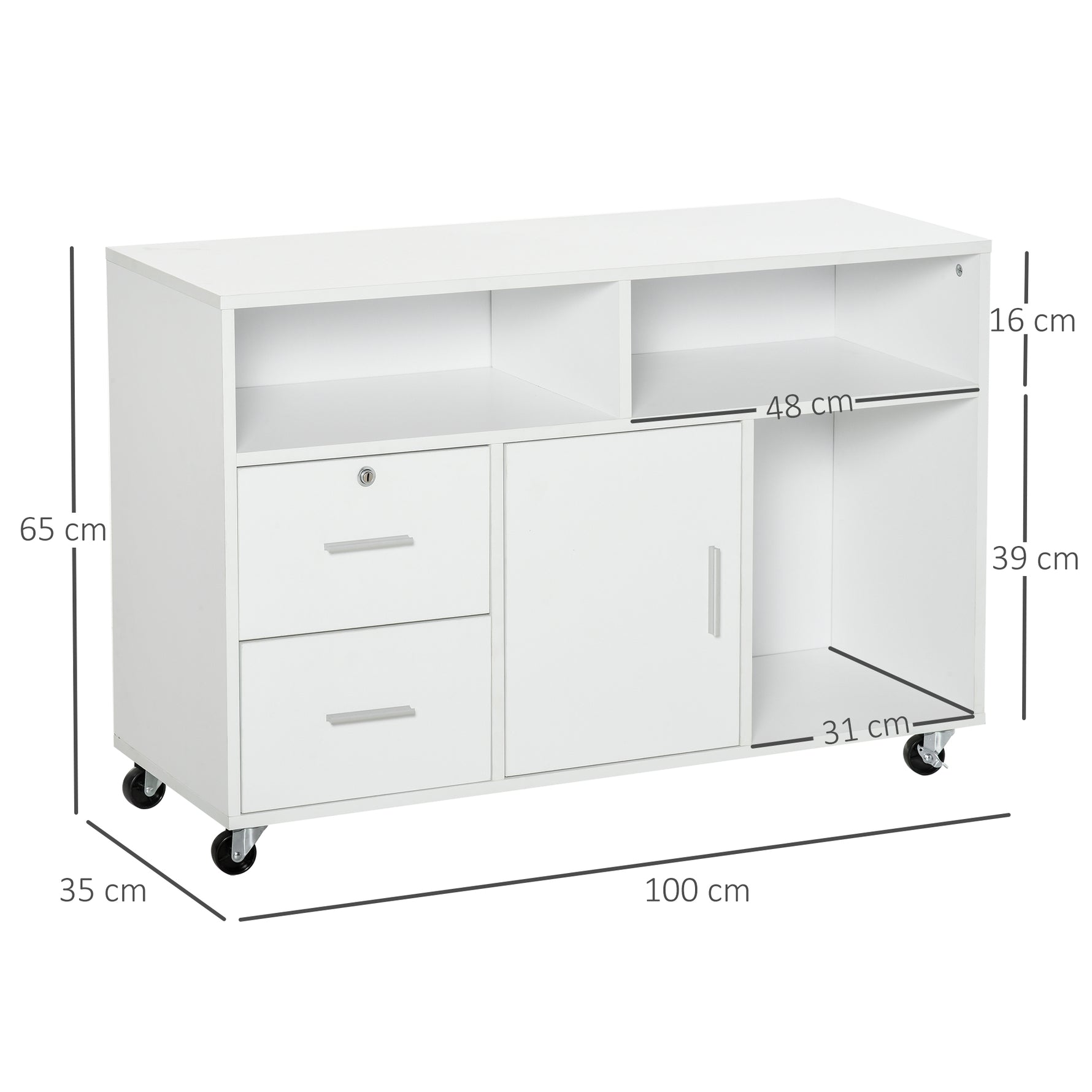 Support d'imprimante à 2 tiroirs meuble de rangement sur roulettes étagères ouvertes et placard, 100 x 35 x 65 cm, blanc
