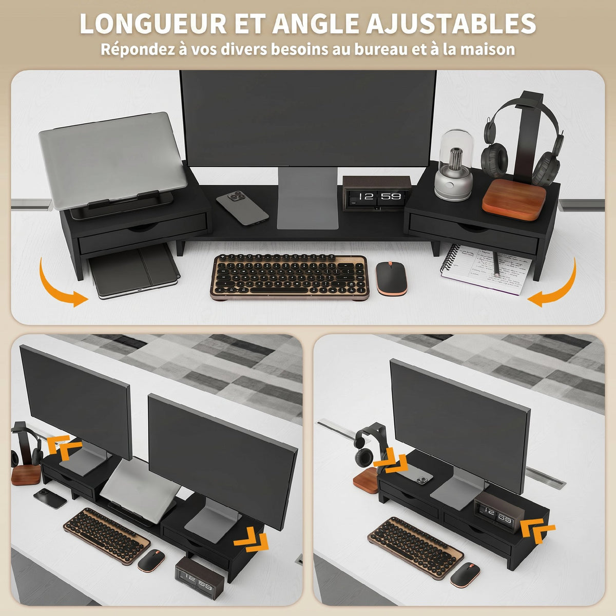 Rehausseur Écran PC Bureau, Support d'Écran d'Ordinateur de 60-116 cm avec 2 Tiroirs, Longueur et Angle Réglables Noir