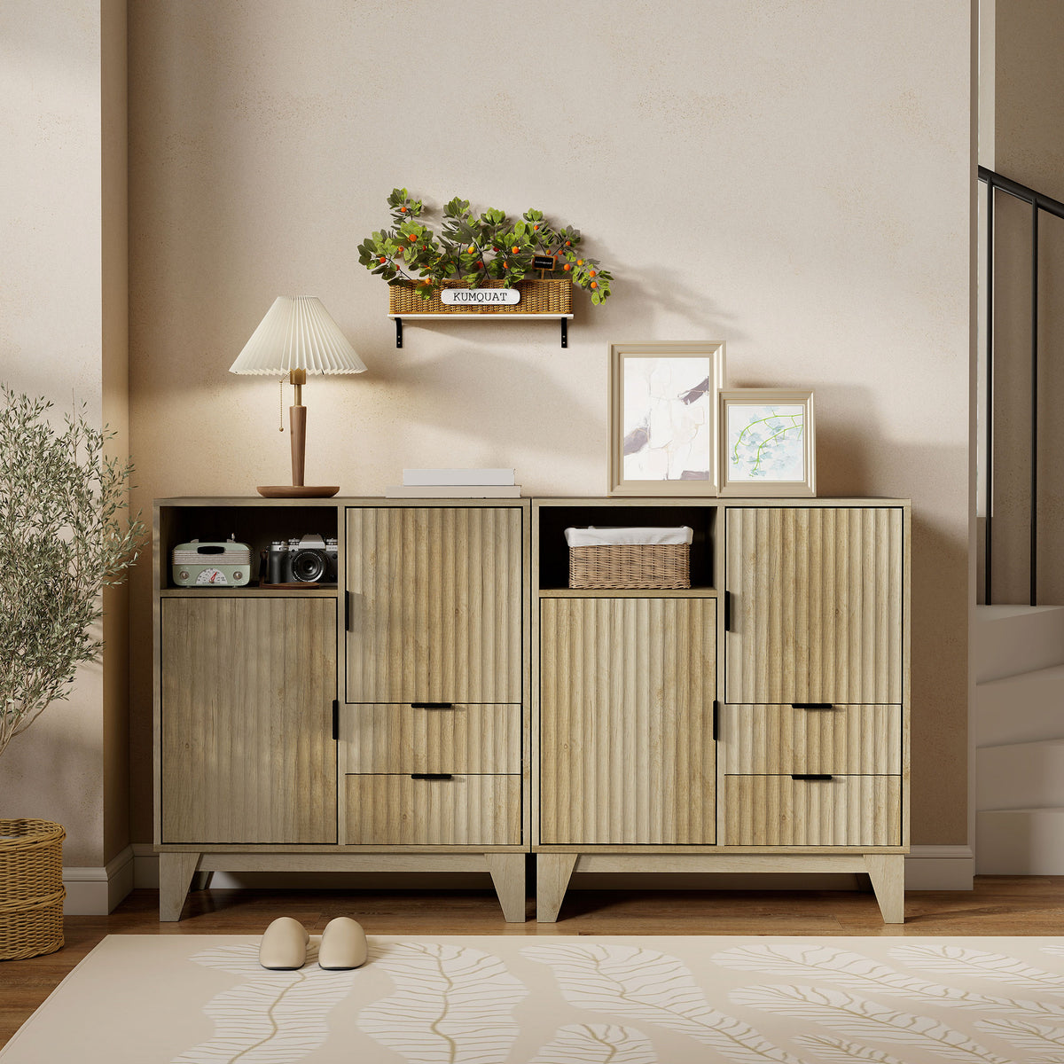 Buffet salon, meuble de rangement, 2 portes, 2 tiroirs, étagère réglable, compartiment ouvert, 80x40x90cm, bois naturel