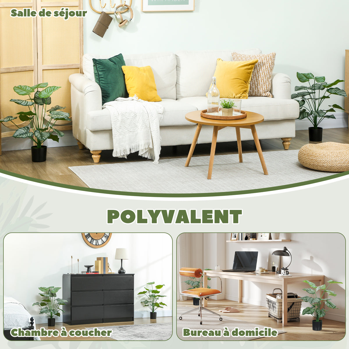 Lot de 2 plantes artificielles intérieures 65 cm, arbre artificiel avec pot en plastique et flocage, vert