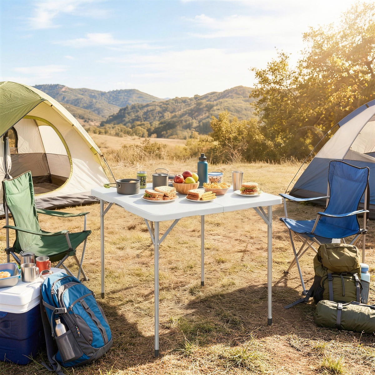 Mesa plegable de HDPE, mesa de camping plegable cuadrada 86 x 86 x 74 cm, con asa, altura ajustable, blanco