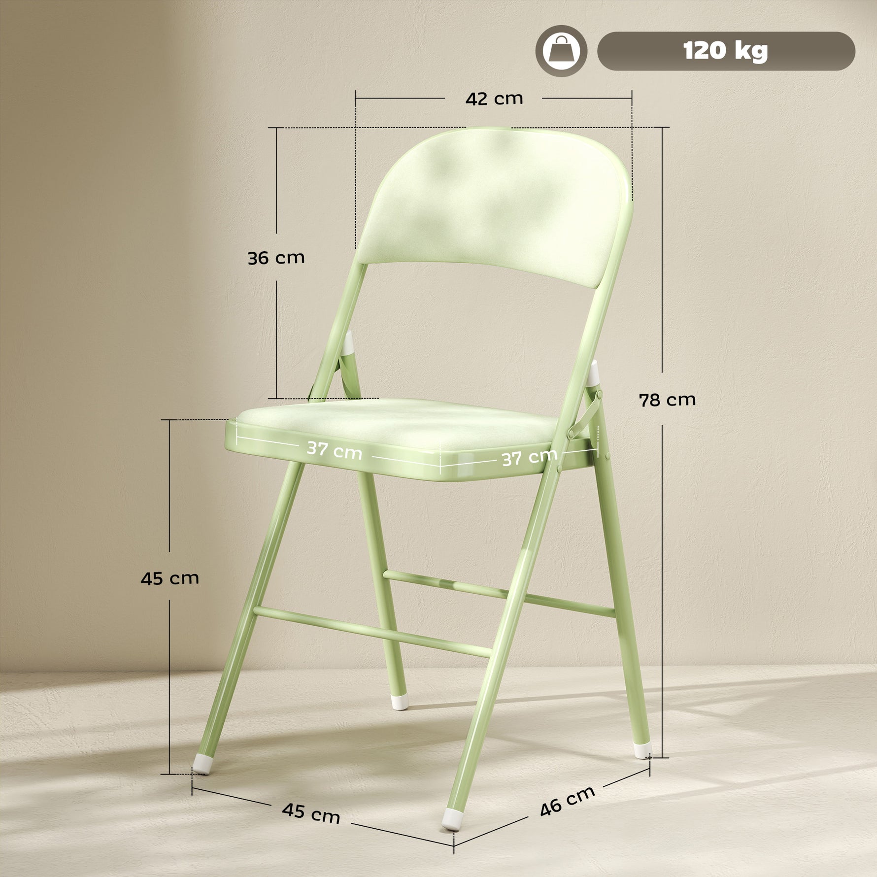 Lot de 4 chaises pliantes et portables intérieur avec assises et dossiers rembourrés en velours, cadre en acier, vert