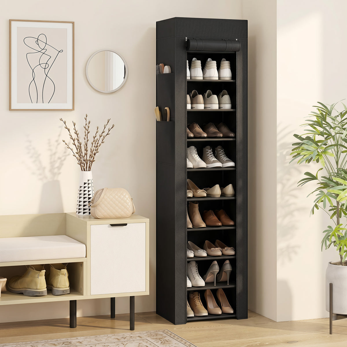 Étagère à Chaussures 20 Paires 10 Niveaux, Range-Chaussures en Métal avec Housse Anti-Poussière, Noir
