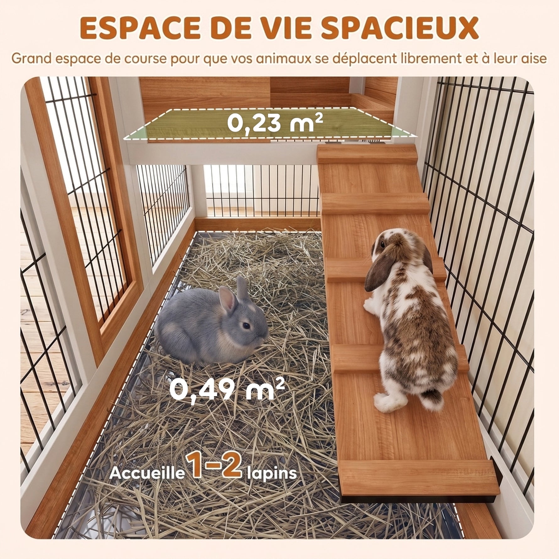 Clapier Lapin Intérieur sur Roulettes 2 Niveaux, Enclos, Rampe, 2 Portes Verrouillables, 2 Plateaux, 110x50x88cm, Jaune