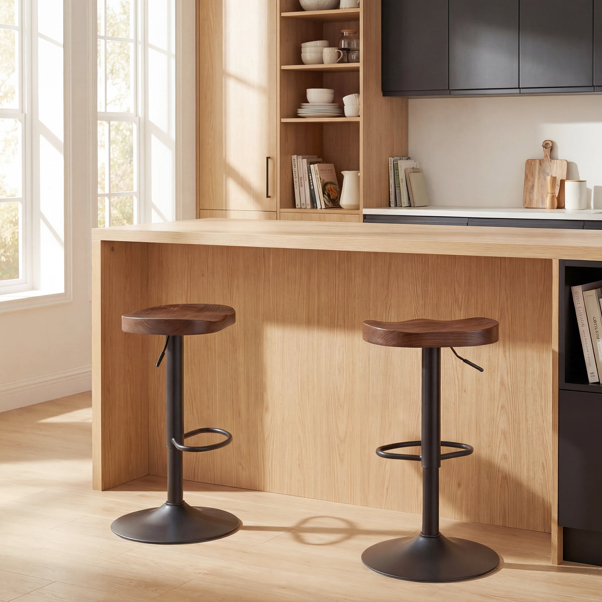 Tabourets de Bar Lot de 2 Réglables Pivotants Chaises de Cuisine avec Siège en Bois d'Orme Marron Foncé