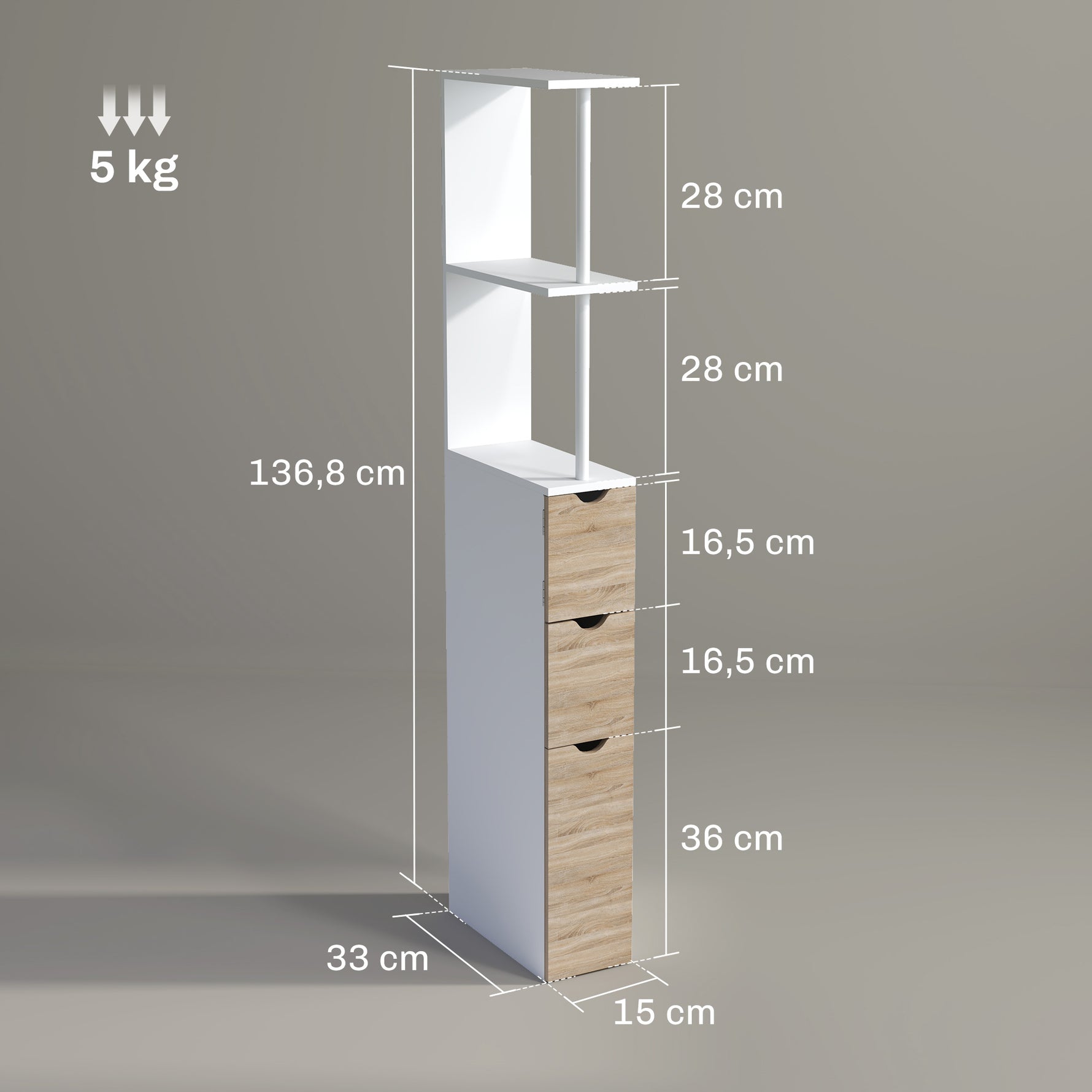 Meuble colonne salle de bain armoire de salle de bain avec tiroirs étagères ouvertes placard 15 x 33 x 136,8 cm blanc