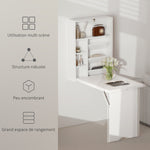 Bureau pliable mural, table murale pliante avec étagères pour salon, salle à manger, bureau, 93,8 x 60 x 147 cm, blanc