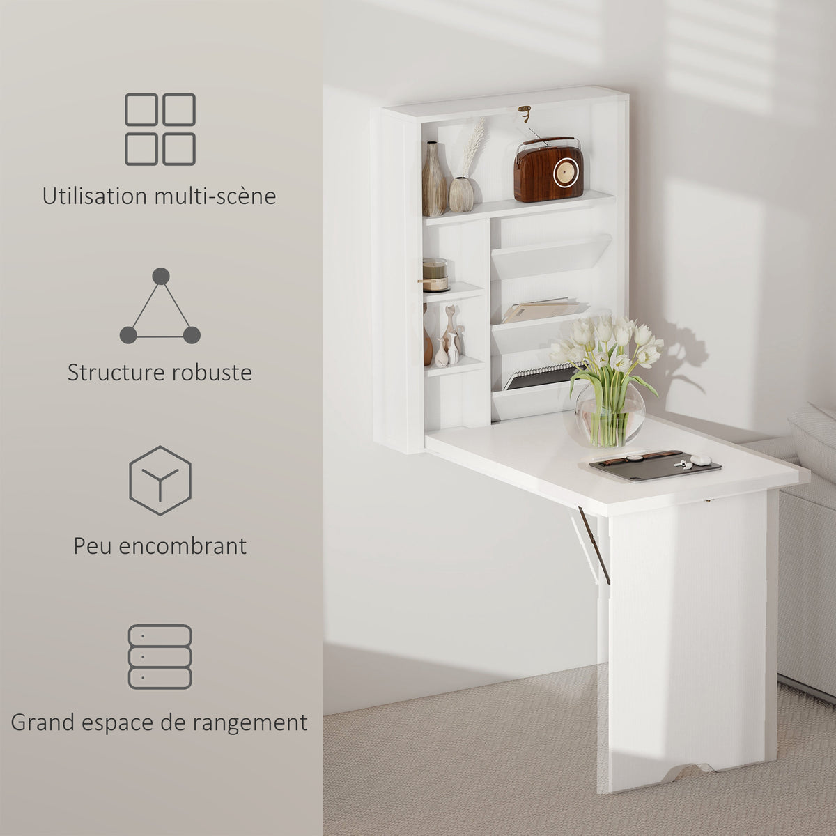 Bureau pliable mural, table murale pliante avec étagères pour salon, salle à manger, bureau, 93,8 x 60 x 147 cm, blanc