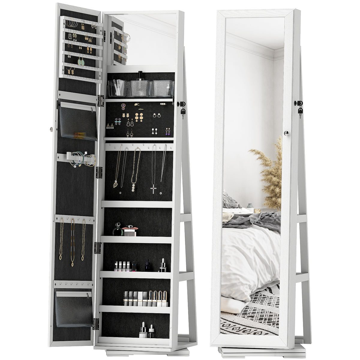 Lockable Swivel Jewelry Armoire with Mirror - Multi-Storage Jewelry Cabinet - White Wood